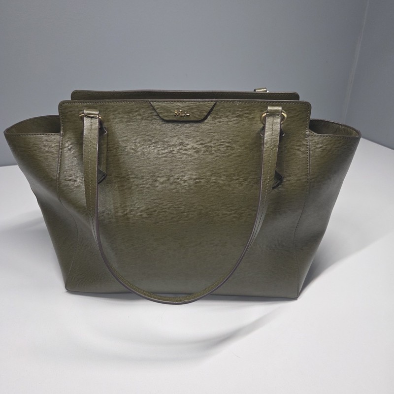 Lauren Ralph Lauren Olive Green Leather Tote Bag Saffiano Leather Shoulder Bag