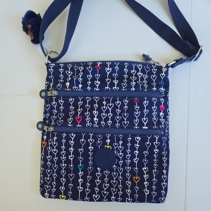 Kipling Haillie Crossbody Threaded Hearts Navy Gorilla Cloche Rainbow Zip