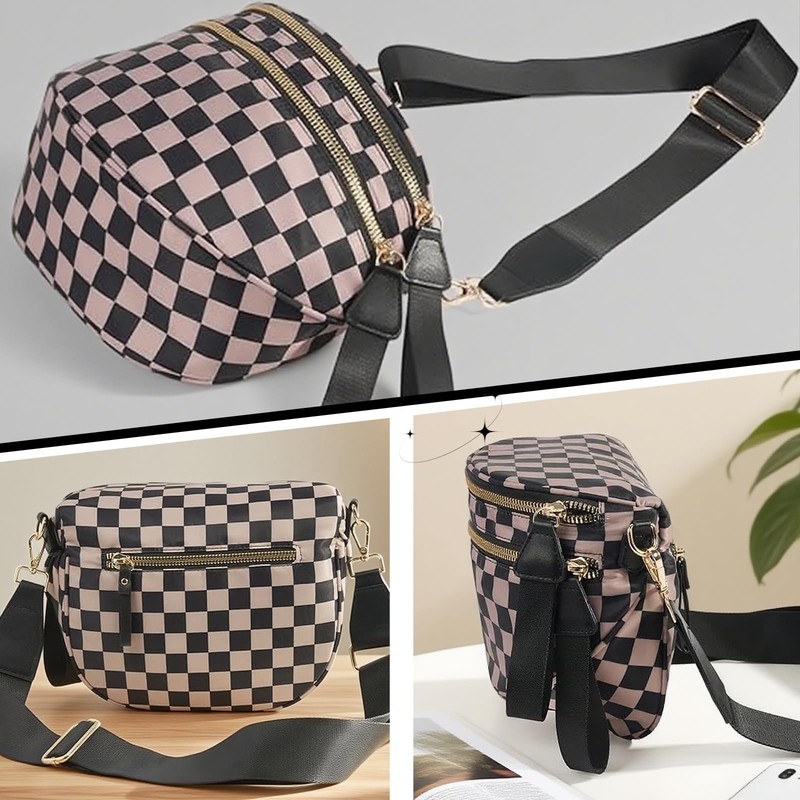 Khaki Black Checkered Crossbody Spacious Nylon Mom Purse Fanny Pack Bum Bag gallery