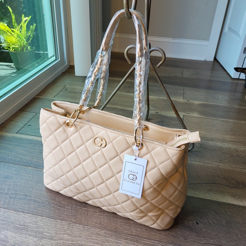 Grace Elizabeth Beige Quilted Pebble Grain Tote Bag Gold Hardware New