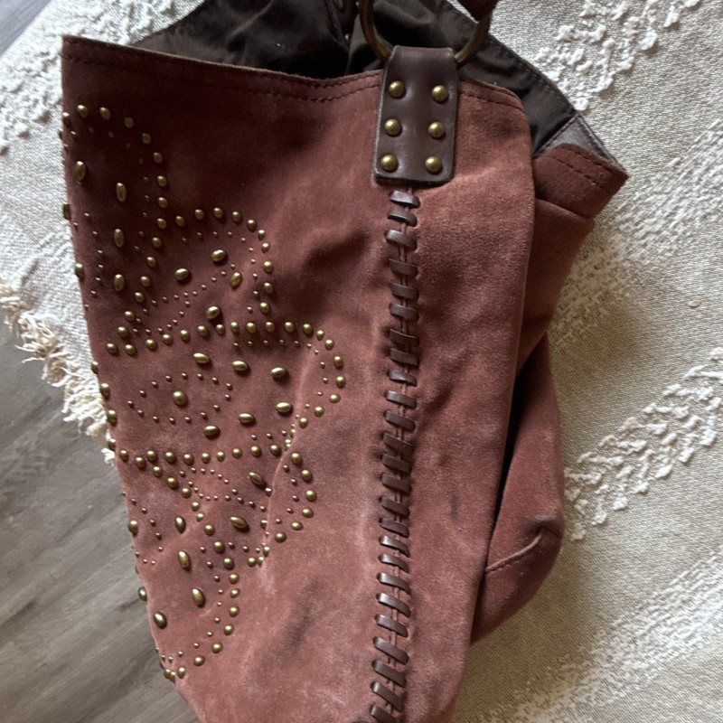 Lucky Brand Brown Floral Studded Whipstitch Shoulder Bag, Zip, Brass HW gallery