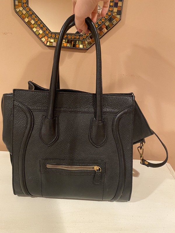 Luggage Mini Shopper Tote Bag Black Leather HandleBag and Shoulder Strap