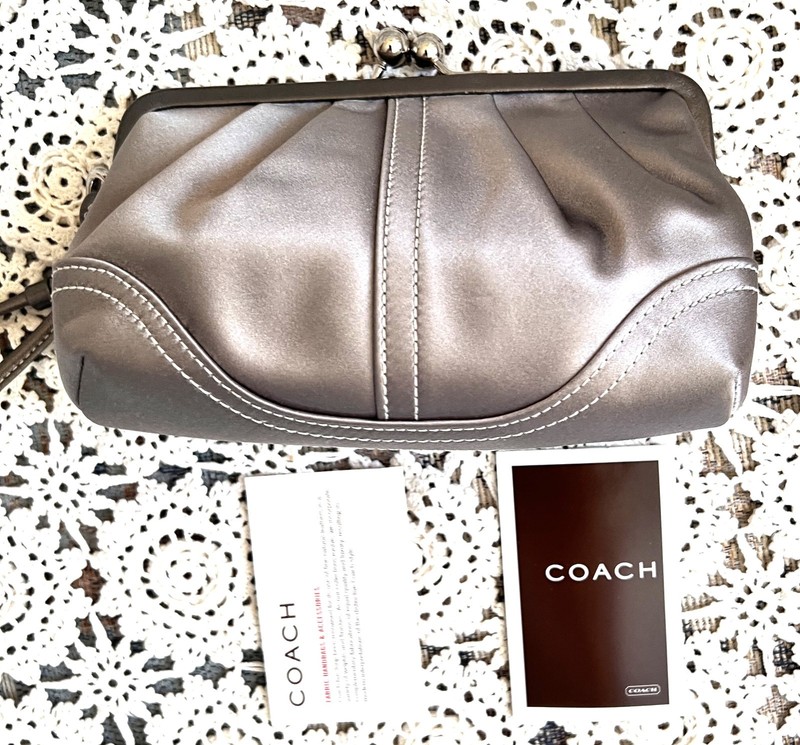 COACH Gray Satin w Leather Trim Evening Wristlet w Coach Fob w Faux Diamonds (NW gallery