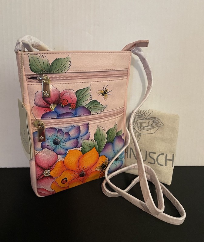Anuschka Artisan Co. Leather Pink Hand Painted Mini Double Zip Travel Crossbody