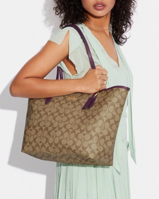 Coach 5696 City Tote Women Shoulder Handbag - Signature Canvas/Khaki/Deep Berry gallery