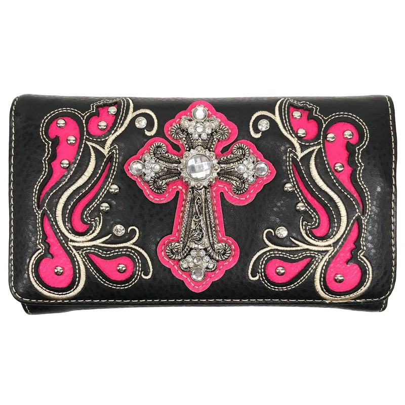 Cross Rhinestone Western Country Damask Floral Crossbody Trifold Wallet