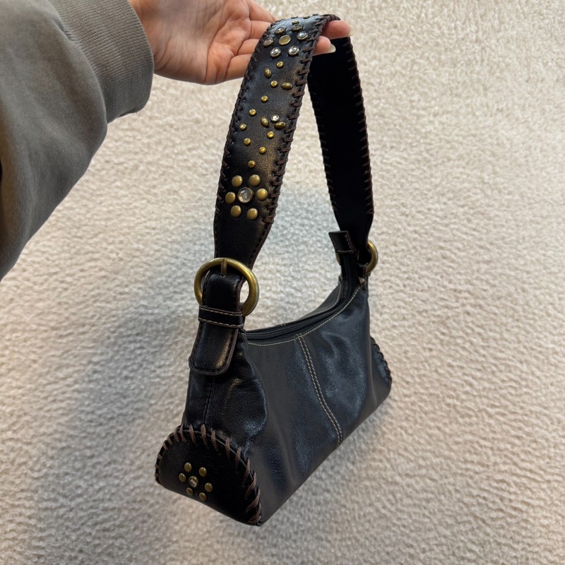 90s Y2K Vintage Nine West Black Leather Shoulder Bag Studded Western Boho