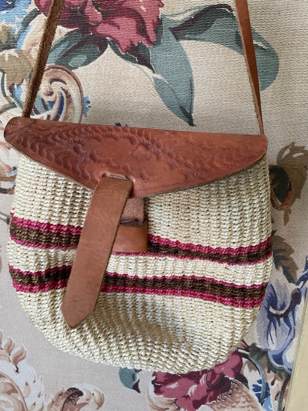 Sisal Raffia Crossbody Leather Shoulder Bag Small Bucket Purse Boho Cottagecore
