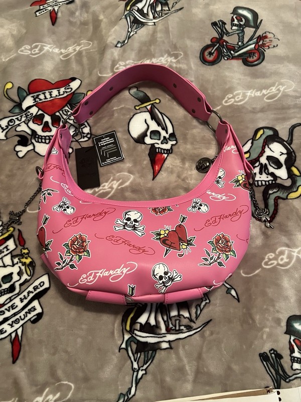 NWT Ed Hardy PINK Skull Heart Rose Cross Charms Studded Shoulder Bag
