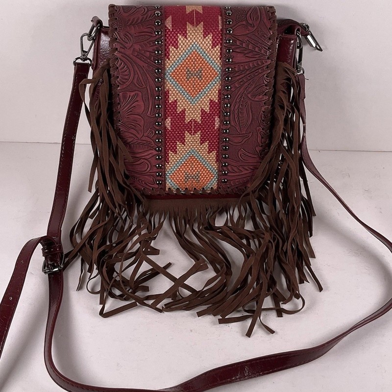 Western Cowgirl Bohemian Hippie Aztec Tooled Leather Crossbody Bag 9×7” Fringed