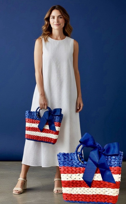 Alessia Straw Handbag Red, White & Blue W Bow Patriotic July 4th VIRAL NWT