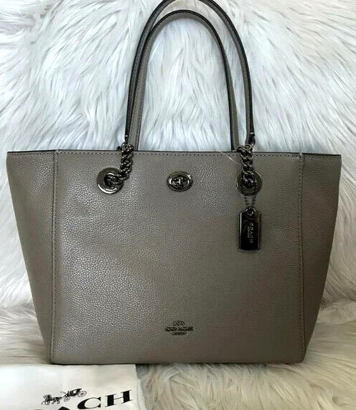 🌞COACH NY 57107 TURNLOCK CHAIN DARK ASH GREY LEATHER SHOULDER TOTE BAG🌺NWT!