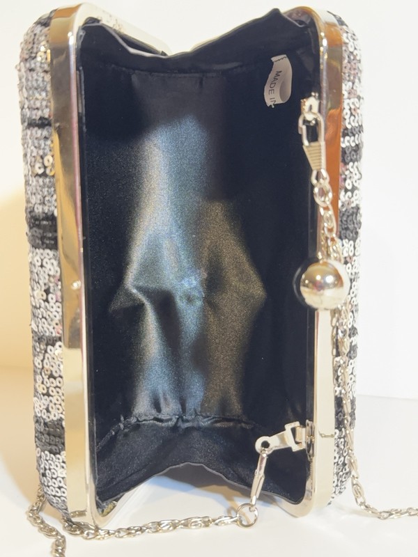 Tasha Silver Evening Clutch Coctail Hard Shell Black Sequins Icicles Purse gallery