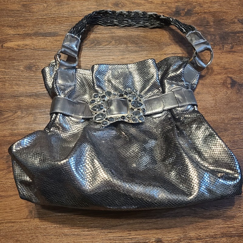Leatherock Silver Metallic Snakeskin Print Leather Rock Rhinestones Blingy Purse