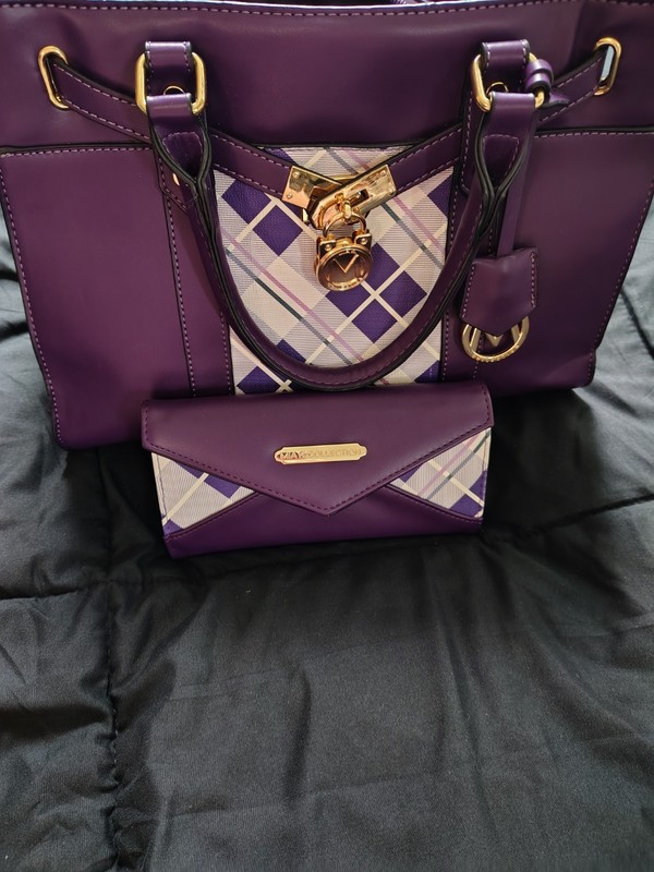 Mia K Collection Purple Plaid Medium Satchel Zip w/ Wristlet Gold Hardware