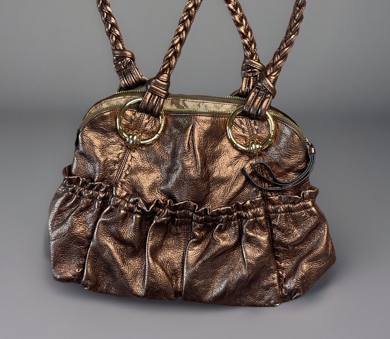 B Makowsky Handbag Shoulder Metallic Purse Leather Copper Bronze Braided Straps