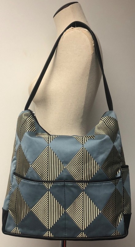 PORTMANTEAU PORTLAND MAINE BLUE BLACK & TAN IRIDESCENT FABRIC W LEATHER TRIM BAG