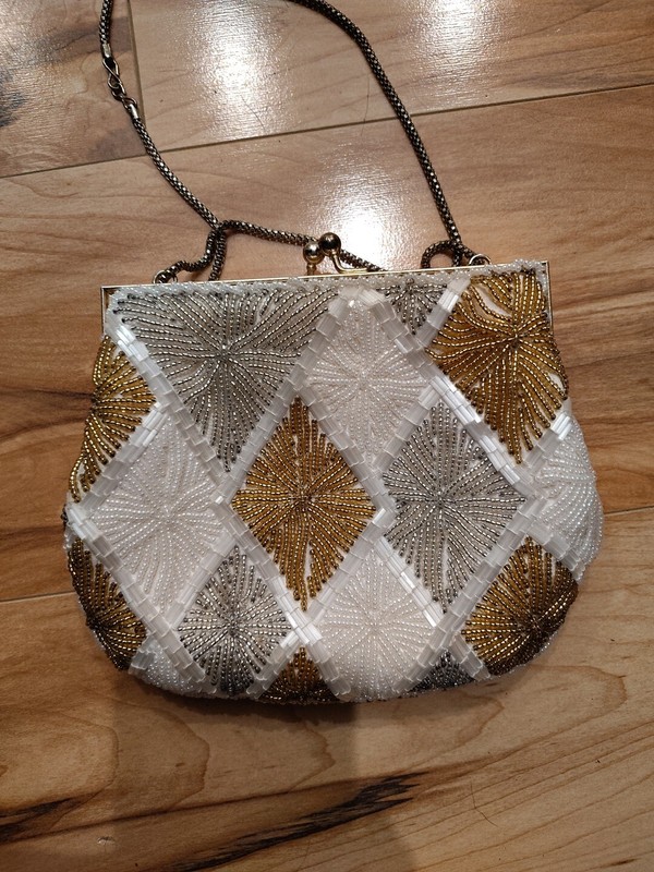 LA REGALE LTD WHITE & GOLD Silver MICRO BEADED EVENING BAG STRAP NOS gallery