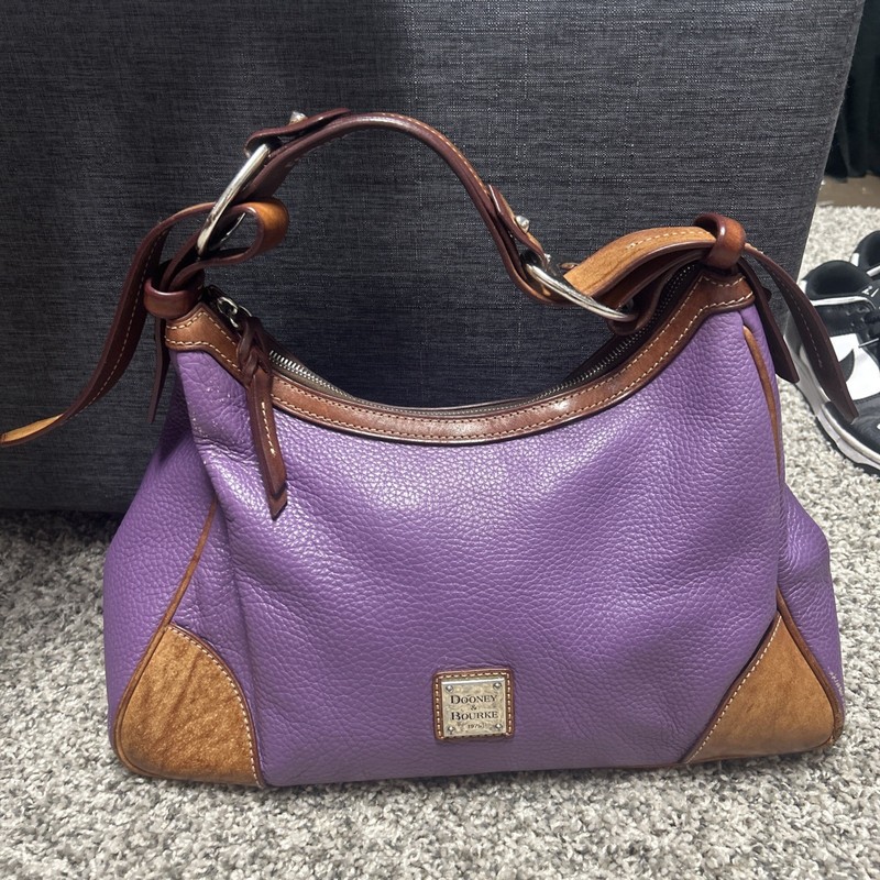 Dooney & Bourke Pebbled Leather Shoulder Bag Purple Brown Stitching Logo Zip