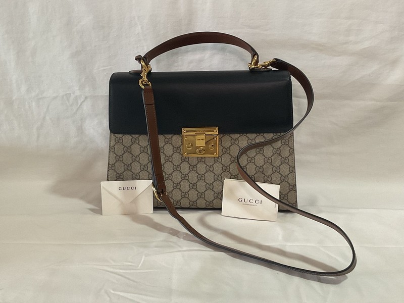 Authentic Gucci GG Supreme Canvas and Leather Small Padlock Top Handle Bag