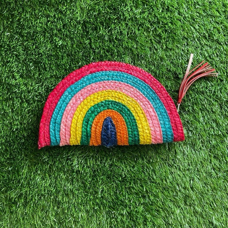 Bay Sky Half Moon Woven Wheat Straw Clutch Bag Rainbow Multi-Color New with Tags