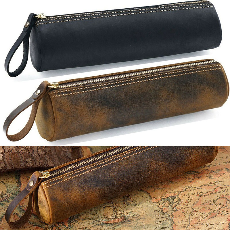 Retro Cowhide Leather Pen Pouch Zipper Pencil Case Stationery Storage Pen Bag gallery