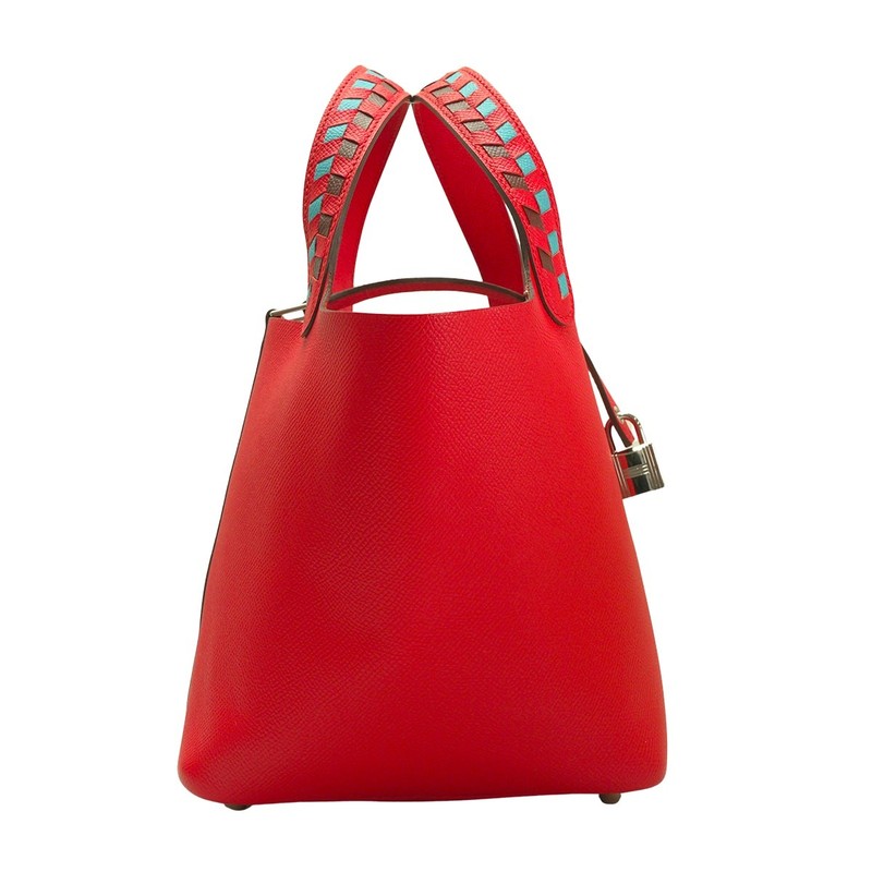 [Pre-loved] HERMES Picotin Lock 18 PM Tressage De Cuir Rouge de Coeur/Bleu d…