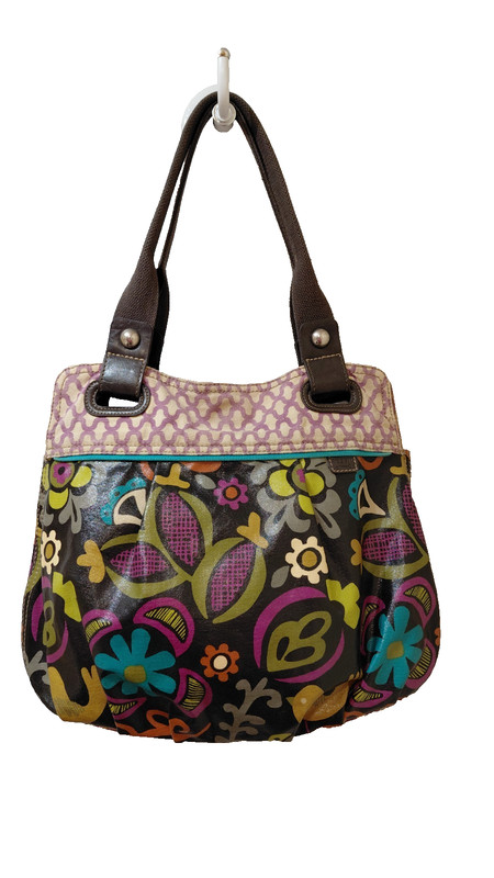 Fossil Key-Per Coated Canvas Shoulder Tote Bag Floral Pattern With Birds Large