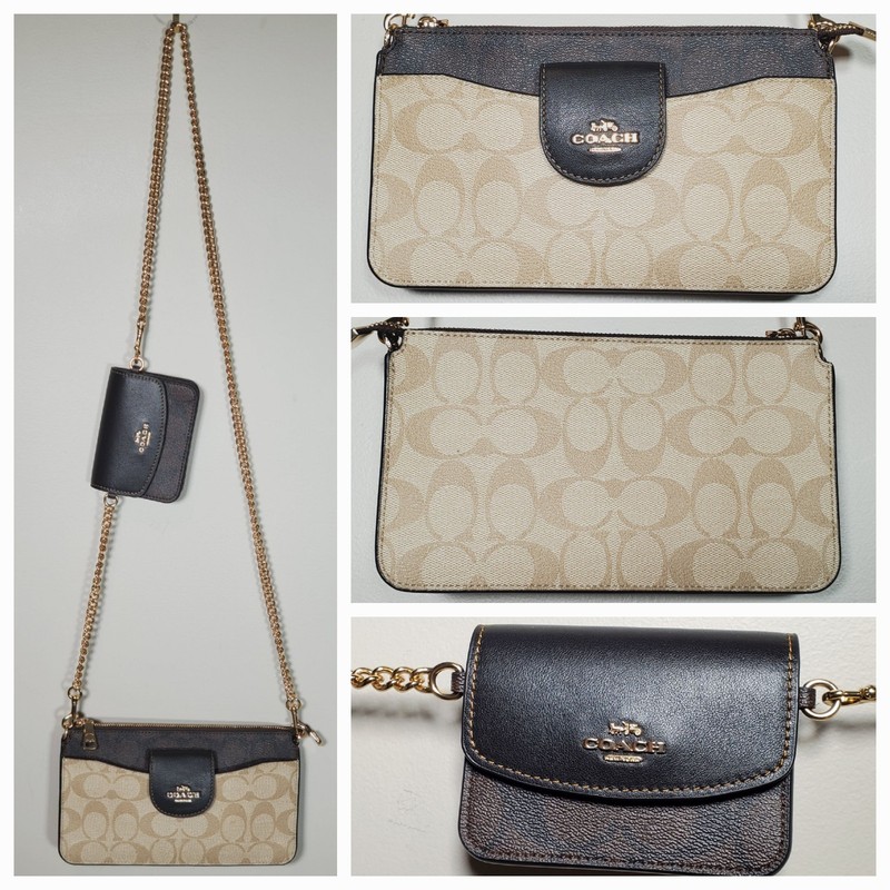 COACH Poppy Crossbody Card Case Block Signature Khaki Brown Black CA843 Chain