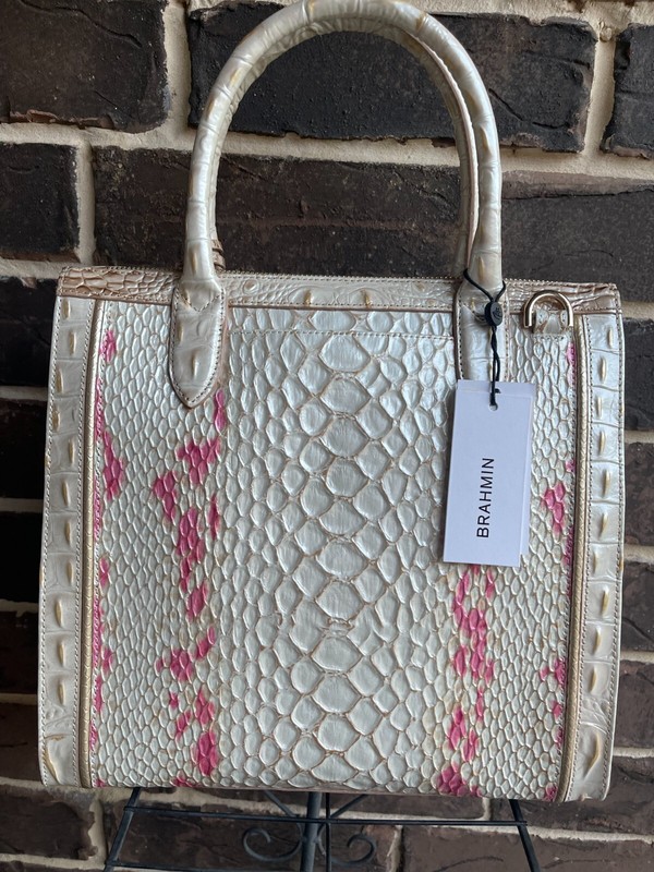 NWT $425 Brahmin Caroline Apricot Rosé Valentia Leather Satchel white pink neutr gallery