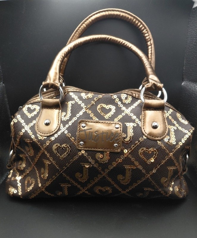 Justice Brown Gold Sequin Quilted Satchel Top Handle Bag Small