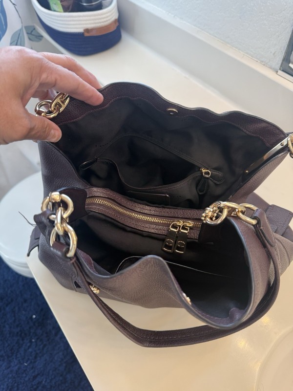 Coach Burgundy Pebbled Large Shoulder Bag Zip Closure Gold Hardware Charm gallery