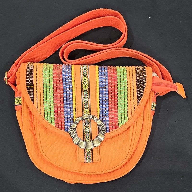 Orange Multicolor Striped Bohemian Shoulder Bag Accents Zip Closure