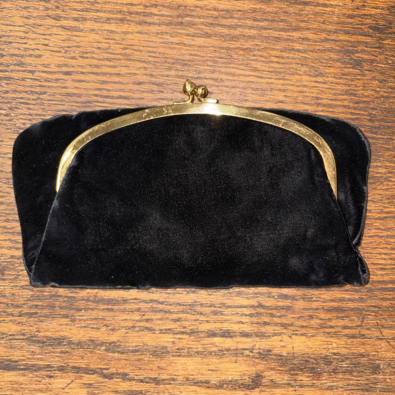 Vtg Black velvet evening bag MEL TON fold over gold clasp clutch