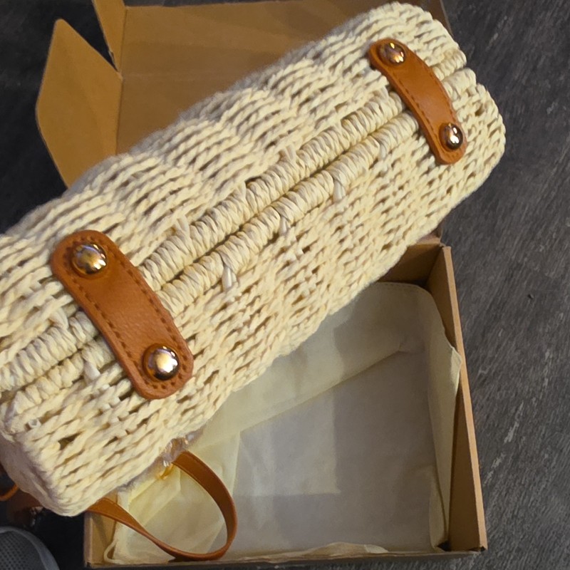 KURAVA Studded Straw Handbag Beige Small Top Handle Crossbody Adjustable Strap gallery