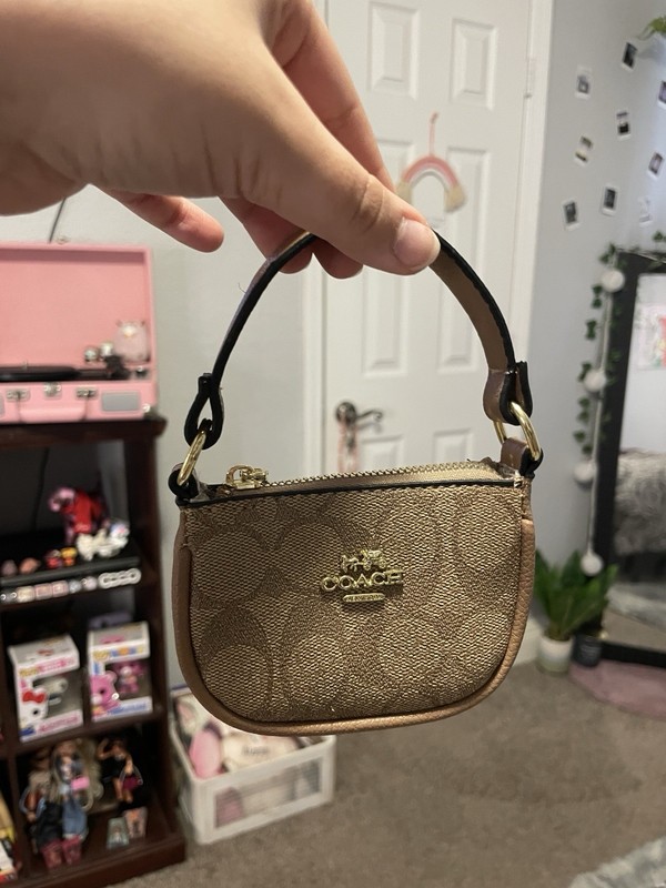 Mini Coach Signature Logo Zip Wristlet Shoulder Bag Brown Gold Hardware