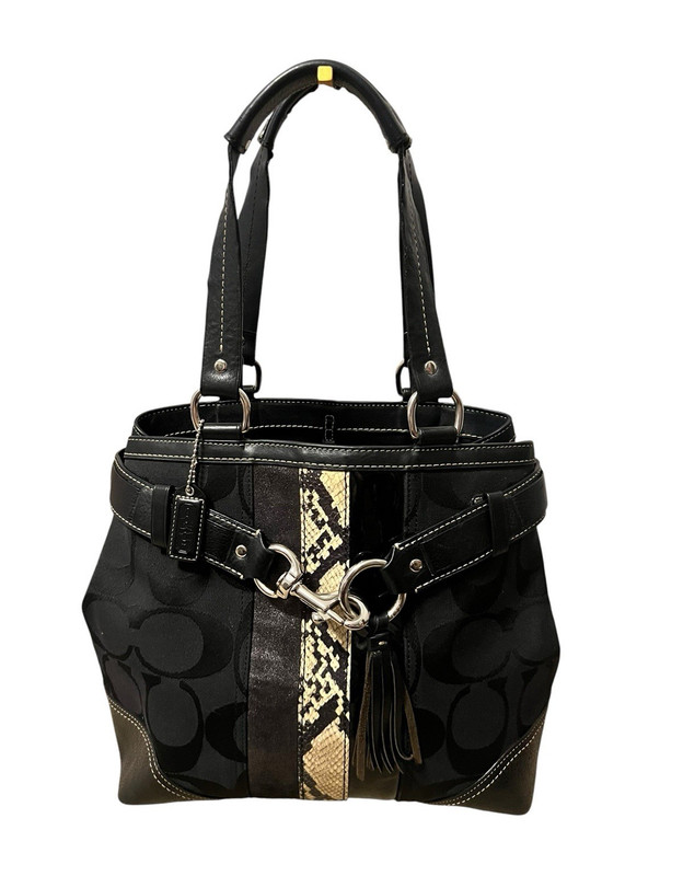 Vintage Coach Hampton Black Signature Python Stripe Carryall Shoulder Tote 10264