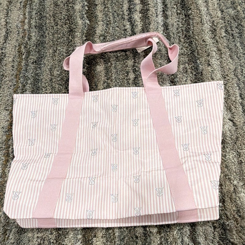 Victoria’s Secret Pink Striped Tote Bag White Logo Zip Top Double Handles