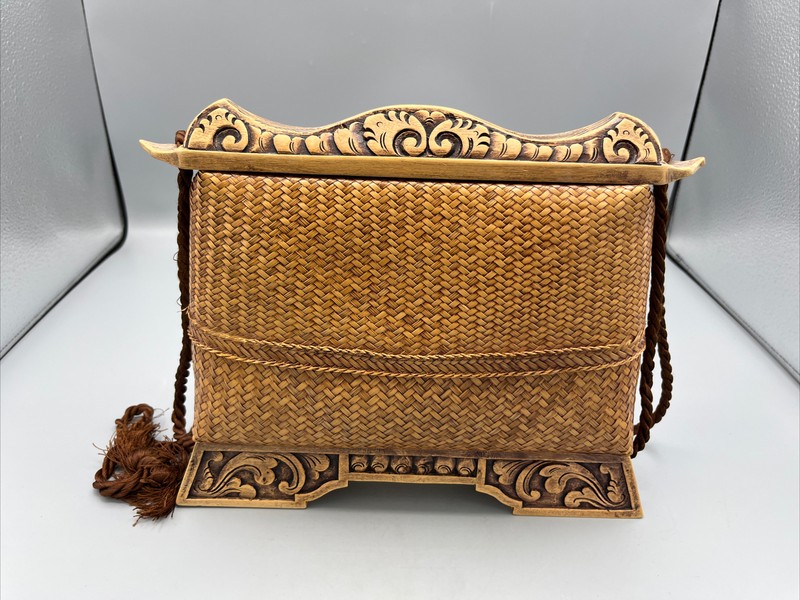 Purse Handbag Wood Handle Carved Wood Base Handmade 9" Tall 10 1/2" Wide gallery