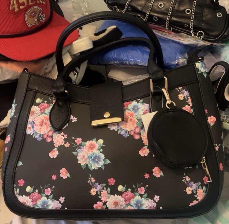 Women’s Black Floral Satchel Bag Zip Detachable Strap Coin Purse