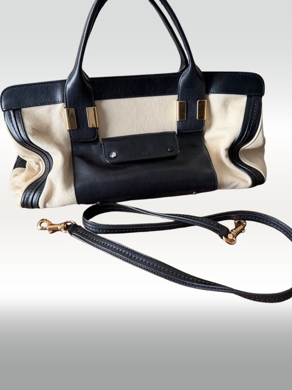 Auth Chloe Alice Handbag Shoulder Bag 2way Beige Black Leather Gold Zipper Women
