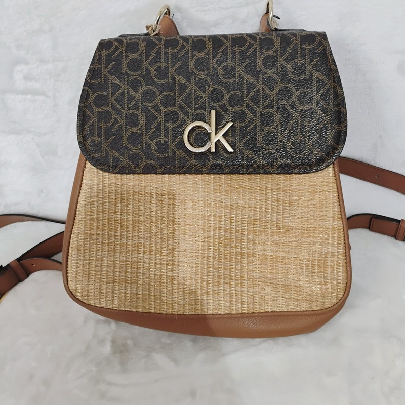 Calvin Klein Monogram Straw Flap Backpack Purse Bag See Photos O