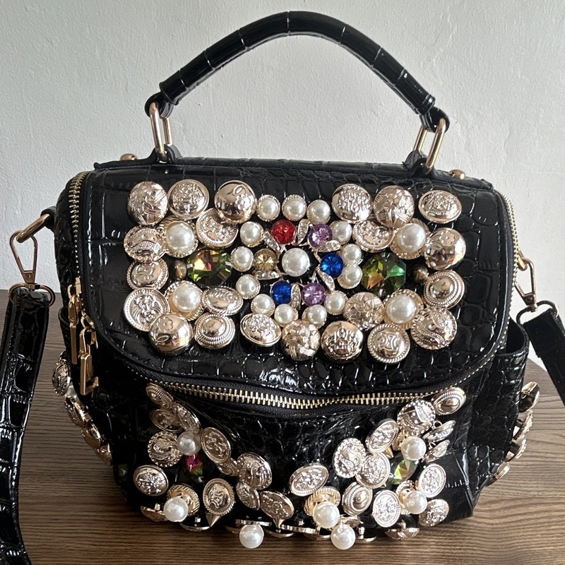 Black Patent Croc Satchel Top Handle Bag, Detachable Strap, Pearl Rhinestone