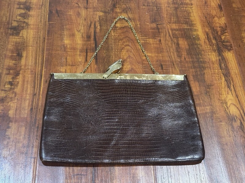 Vintage 1980s Etra Brown Leather Clutch Purse Handbag Gold Chain Hinge Clasp Bag
