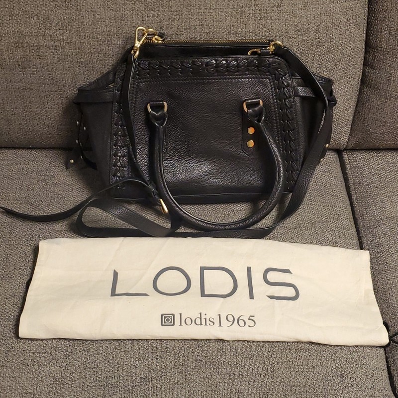 Lodis Black Small Pebbled Satchel Zip Top Handle Bag Strap Dust Bag Gold