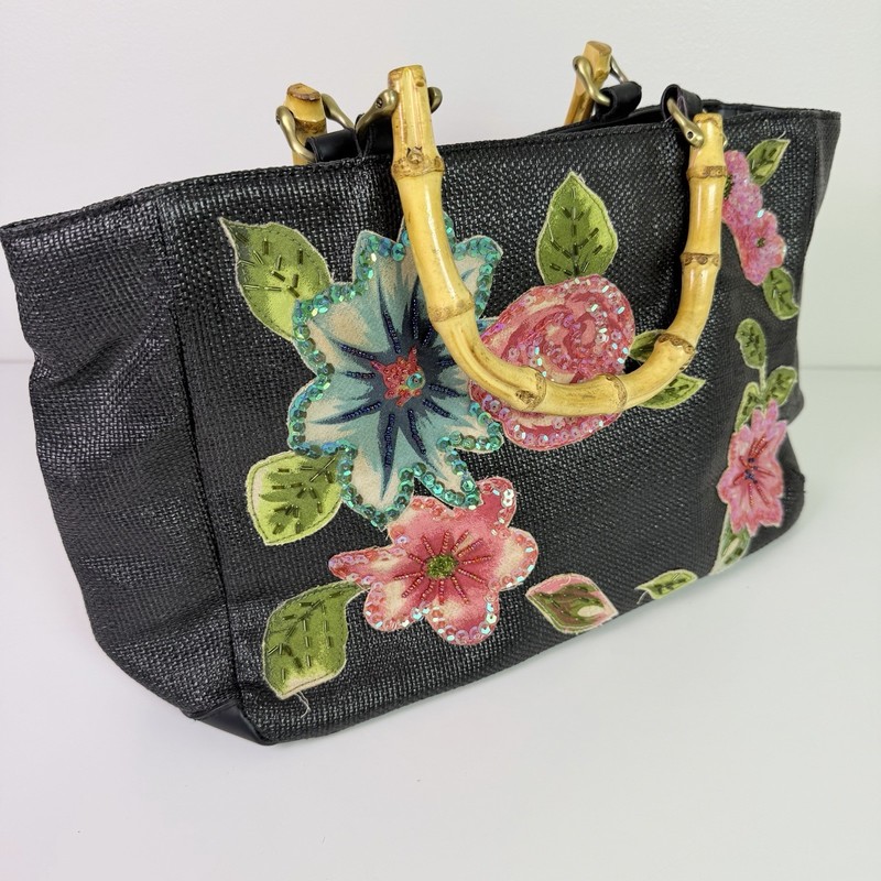 Boho Black Raffia Woven Tote Bamboo Handle Floral Sequin Beaded Bag Large Summer