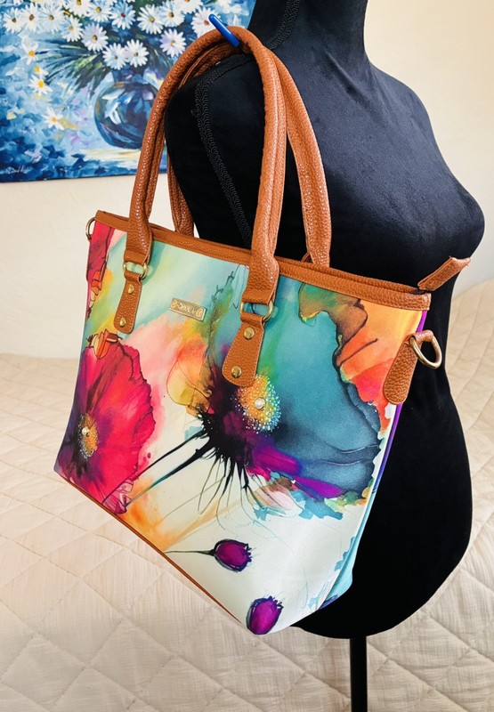 Gorgeous Chula Multicolor XL Tote Canvas Leather Dual Handles With Pouch Dustbag