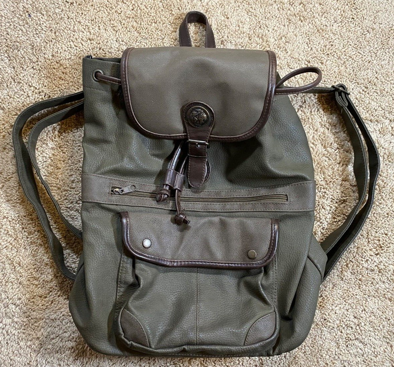 Boho Tandem Tan Sac Faux Leather Olive Green with Brown Trim Backpack Drawstring