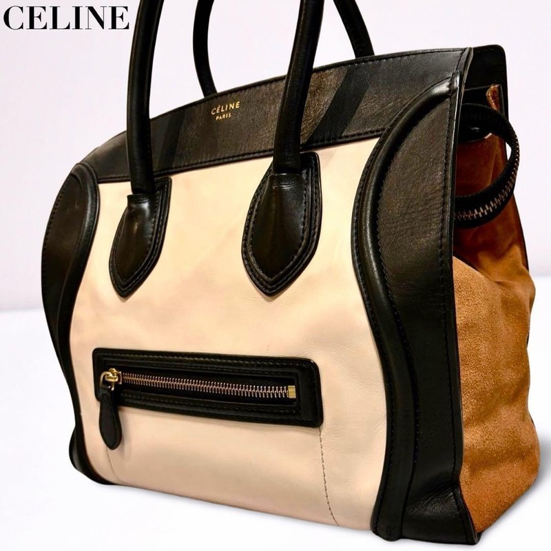 CELINE Luggage Mini Shopper Tote Bag Black Ivory Brown Leather Suede from japan