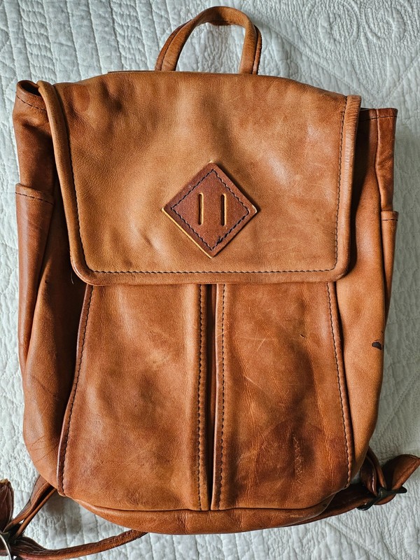 Well-loved Leather Knapsack with Padded Adjustable Shoulder Straps -Check photos